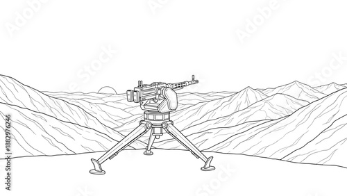 Mountain landscape with mounted machine gun in linear style