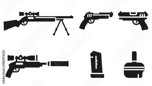 Silhouette icons of firearms and shooting equipment