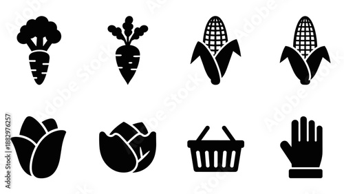Collection of black silhouette farm icons featuring vegetables and grocery basket