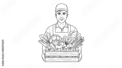 Farmer with vegetable box: line art of fresh produce and smiling grower