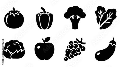 Collection of black silhouette fruits and vegetables icons