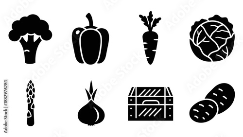 Minimalist vegetable icons set featuring fresh produce in black silhouette style