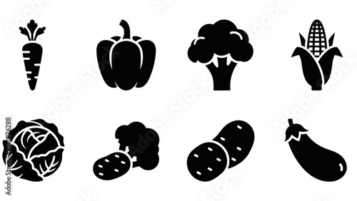 Silhouette vegetable icons: carrot, pepper, broccoli, corn, cabbage, potato, eggplant
