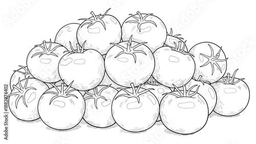 Hand drawn tomatoes pile: black and white sketch art of fresh vegetables