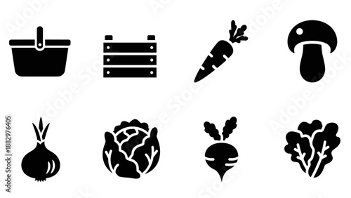 Black silhouette icons of vegetables and basket for farmers market design