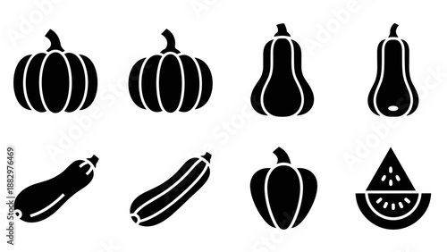 Minimalist vegetable icons set: pumpkin, squash, zucchini, and watermelon silhouettes