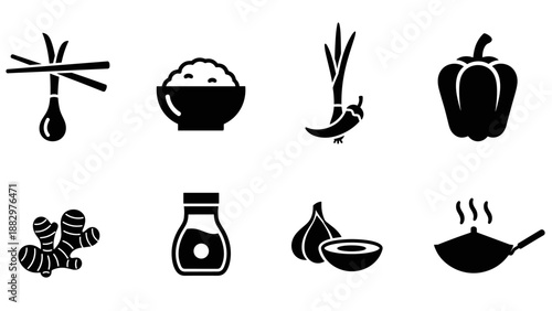 Asian culinary ingredients in black silhouette