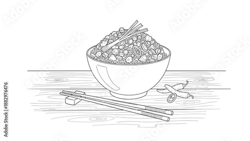 Monochrome ramen bowl with chopsticks and chili on wooden table