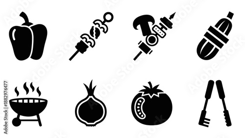 Grill icons set: barbecue, vegetables, and utensils silhouettes for outdoor cooking