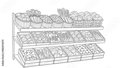 Market display with fresh vegetables in line art style for grocery themes