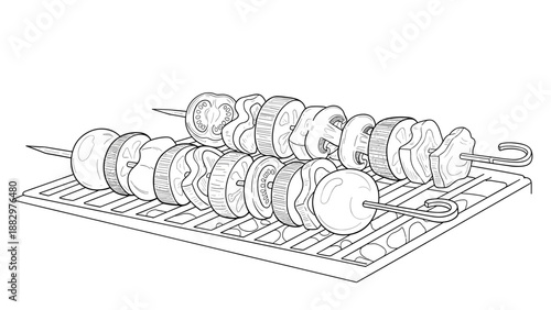 Line art grilled vegetable skewers on bbq grill