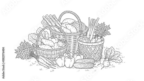 Basket collection with fresh vegetables and bread in sketch style