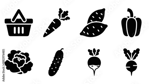 Set of solid vegetable icons for grocery and food designs
