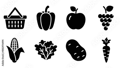 Silhouette icons of fruits and vegetables for fresh food and healthy living