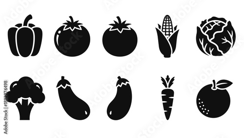 Silhouette icon set of fresh vegetables and fruits in black and white