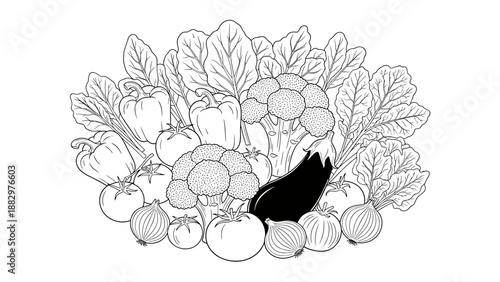 Black and white outline of fresh vegetables with tomatoes, broccoli, and peppers