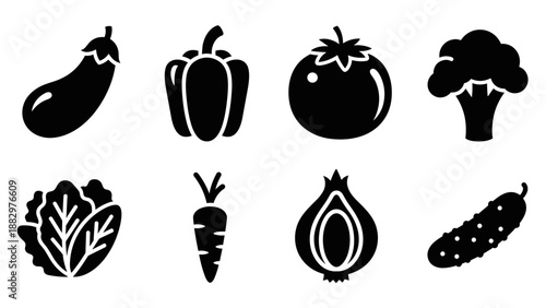 Collection of vegetable silhouettes: eggplant, pepper, tomato, broccoli, cabbage, carrot, onion, cucumber