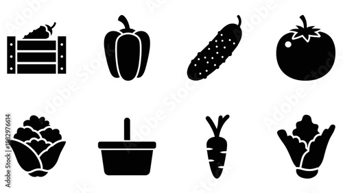 Set of fresh produce icons in black silhouette style for market and farm designs