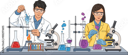 Laboratory scientist cartoon illustration, chemistry experiment vector, male female researchers in lab coats, black white science artwork
