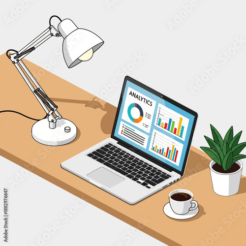 Laptop with Analytics Dashboard on Wooden Desk with Lamp and Plant.