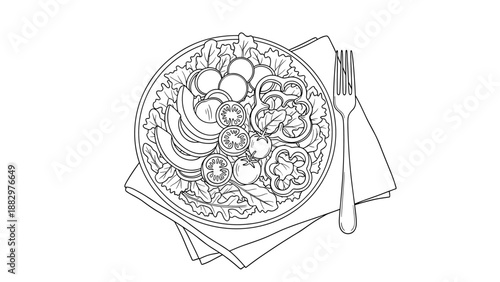 Monochrome line art of fresh salad with vegetables in a bowl with fork