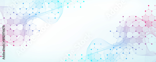 Modern health care or medical background design. Health care innovation concept. Horizontal header web banner. Abstract geometric background with hexagon shapes for medicine, science, chemistry.