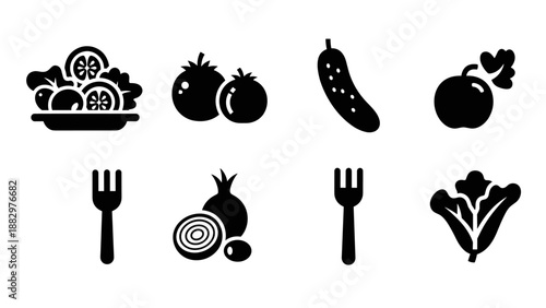 Black silhouette icons of fresh vegetables and forks for culinary designs