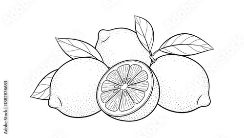 Detailed lemon composition in black and white line art style