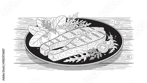 Grilled salmon line art on plate with fresh vegetables on rustic wooden texture
