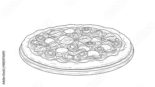 Hand drawn pizza topped with fresh vegetables and basil leaves