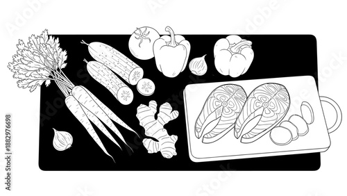 Black and white linear design of fresh vegetables and salmon steaks on cutting board