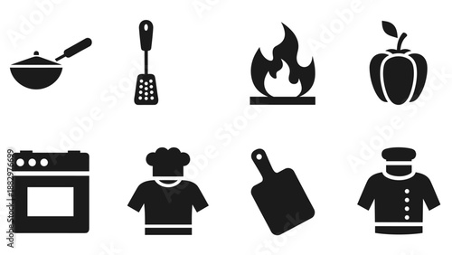 Minimalist cooking icons set: culinary essentials in black and white silhouette style