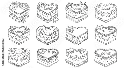 Collection of twelve heart shaped cakes with elaborate frosting designs and love inscriptions in a black and white sketch style.