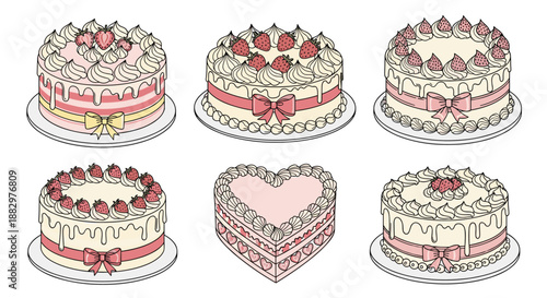 Set of six strawberry decorated cakes with whipped cream and pink ribbons presented in a detailed hand-drawn illustration style.