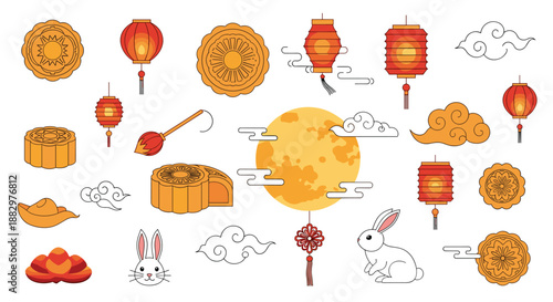 Vibrant Mid-Autumn Festival elements including red lanterns, mooncakes, a full moon, and cute rabbits in a detailed vector style.