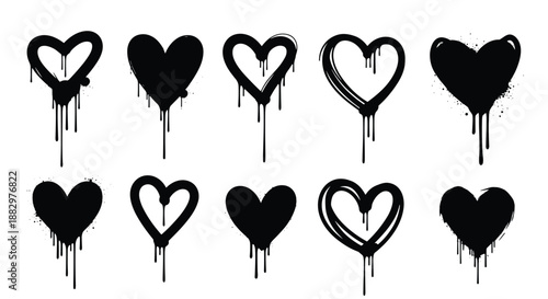 Set of ten solid black heart icons with graffiti style paint drips for urban fashion and street art inspired design projects.