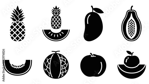 Tropical fruits silhouette set: pineapple, mango, papaya, watermelon, apple