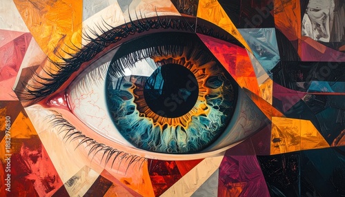Abstract eye art with vibrant colors and geometric shapes.