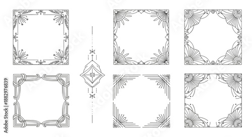 Collection of six art deco style square frames with intricate geometric patterns and a central decorative divider element.