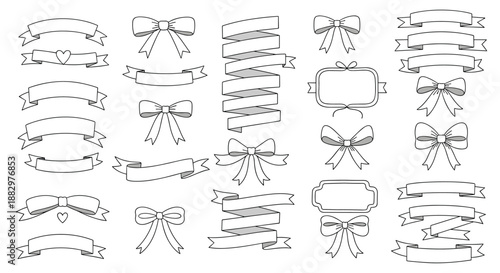 Extensive set of ribbons, bows, banners, and frames in a black and white line art style for versatile graphic design applications.