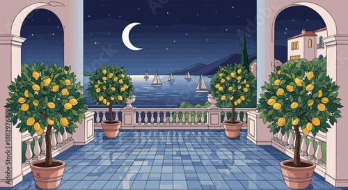 Beautiful night scene on a Mediterranean balcony with lemon trees in pots overlooking a bay with sailboats under a crescent moon.