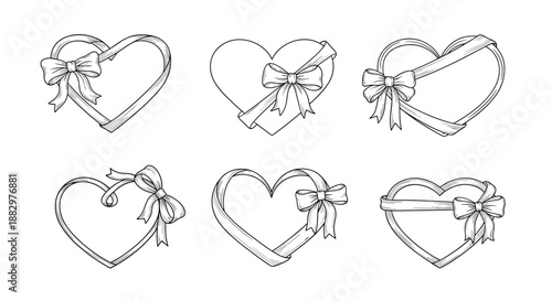 Set of six heart shaped frames decorated with elegant ribbons and bows in a detailed black and white hand-drawn sketch style.