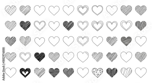 Comprehensive grid of fifty hand-drawn heart icons with diverse patterns and textures perfect for Valentine Day or wedding decorations.