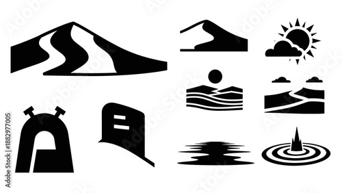 Minimalist mountain and nature silhouettes with sun and clouds icon set