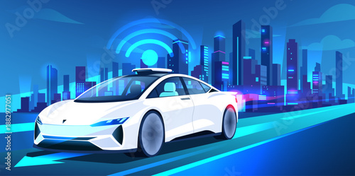 Autonomous white car driving in a digital smart city at night, neon gradient color style, futuristic urban background, concept of innovation. Vector illustration