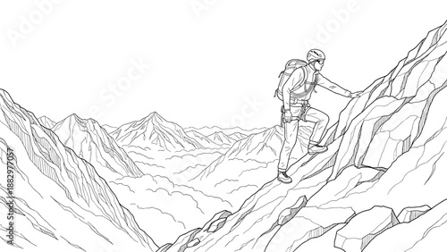 Adventurous climber scaling mountain peaks in scenic linear art
