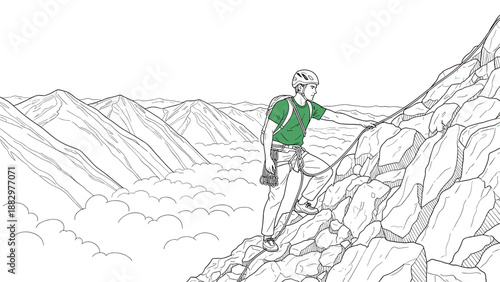 Mountain climber ascending rocky slope in scenic linear art style