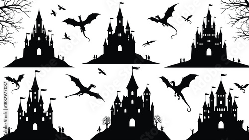 Black silhouette set of medieval fantasy castles, flying dragons, spooky dead trees, and mystical kingdom landscapes for storytelling and graphic design,