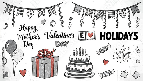 Festive doodle set of cheerful celebration elements, including gift boxes, birthday cakes, balloons, and decorative banners for various happy occasions and holiday themes