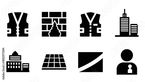 Safety vest, brick wall, high rise buildings and more: minimalist icons set